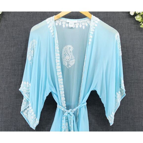 Elizabeth Hurley Beach Blue Aqua Embroidered Sheer Silk Resort Cover Up Sz S/M - Picture 3 of 5